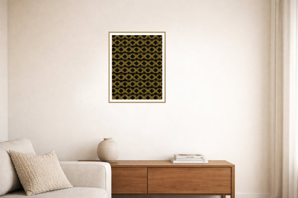 Black & Gold Ikat Weave – Premium Ikat Weave Wall Art Print — Living room lifestyle