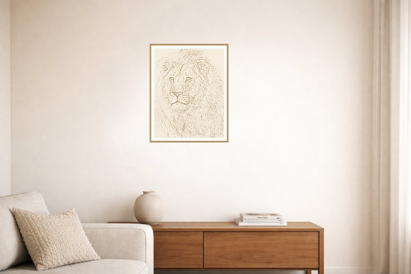 Aged Bronze Etched Lion Line Art Wall Art Print – Signed Limited Edition Giclée | Modern Gallery Decor — Living room lifestyle