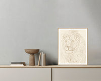 Aged Bronze Etched Lion Line Art Wall Art Print – Signed Limited Edition Giclée | Modern Gallery Decor — Grey wall with bowl