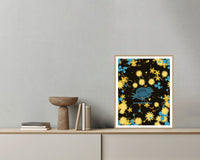 Black & Gold Songbird Wall Art Print – Signed Limited Edition Giclée | Modern Gallery Decor — Grey wall with bowl