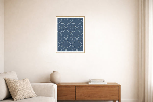 Blue-Gray Mist Retro 70s Wall Art Print  — Living room lifestyle