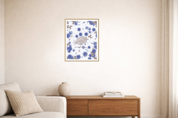 Dusty Periwinkle Songbird Wall Art Print – Signed Limited Edition Giclée | Modern Gallery Decor — Living room lifestyle