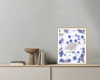 Dusty Periwinkle Songbird Wall Art Print – Signed Limited Edition Giclée | Modern Gallery Decor — Grey wall with bowl