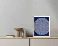 Indigo Geometric Wall Art Print – Signed Limited Edition Giclée | Modern Gallery Decor — Grey wall with bowl