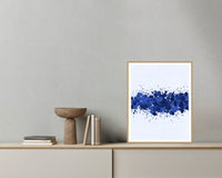 Indigo Paint Splatter Wall Art Print – Signed Limited Edition Giclée | Modern Gallery Decor — Grey wall with bowl