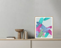 Rainbow Tropical Wall Art Print – Signed Limited Edition Giclée | Modern Gallery Decor — Grey wall with bowl