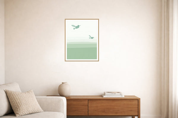 Sage Wash Hummingbird Printable Wall Art – Limited Edition Giclée Art Print | Instant Digital Download — Living room lifestyle